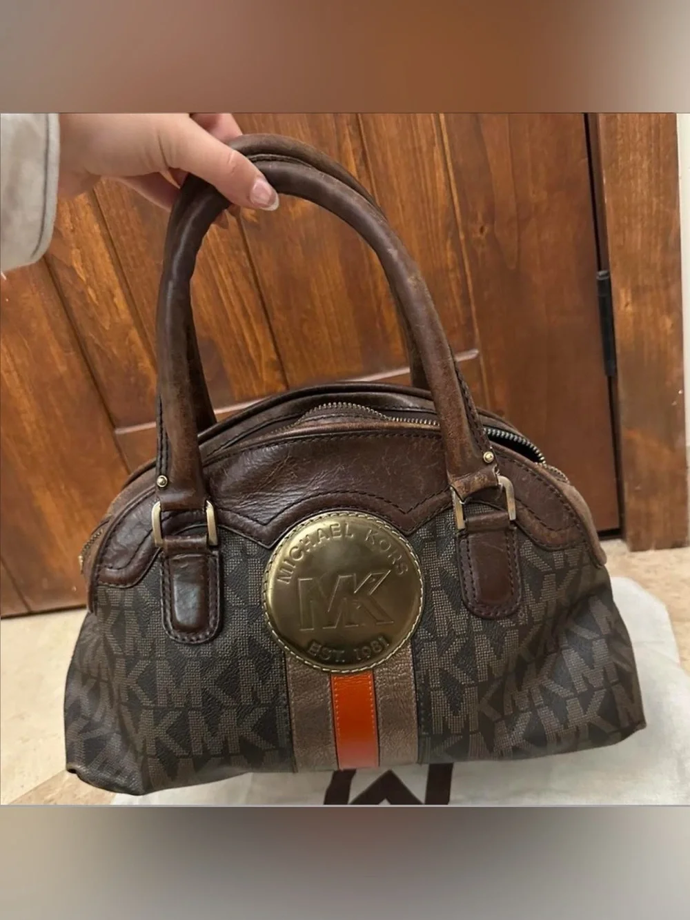 Vintage Michael Kors Brown and Beige MK Logo Satchel Purse with Gold Logo